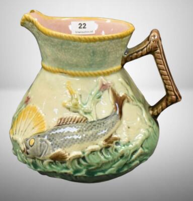 English Majolica Fish and Shell 6" pitcher