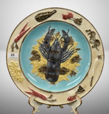 Victorian Majolica 8.5"d Lobster plate, mrkd. Wedgwood