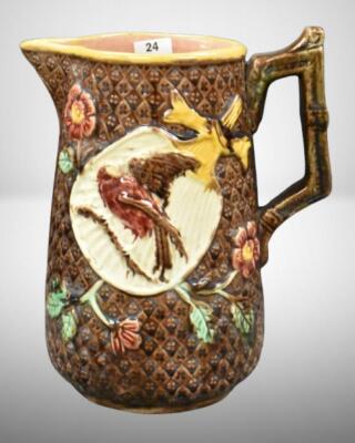 Majolica 8" pitcher w/ bird and floral decorations
