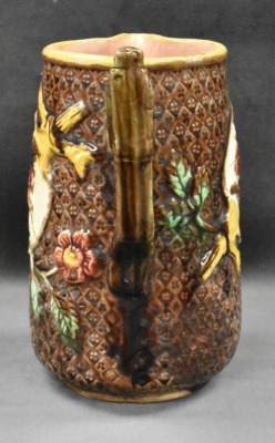 Majolica 8" pitcher w/ bird and floral decorations - 2