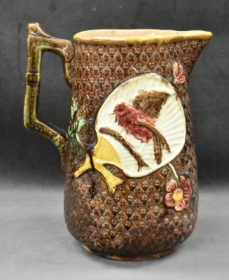 Majolica 8" pitcher w/ bird and floral decorations - 3