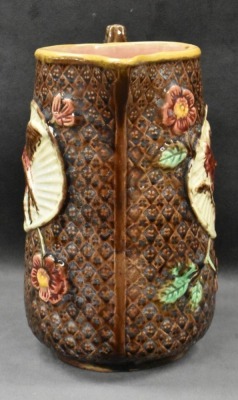 Majolica 8" pitcher w/ bird and floral decorations - 4