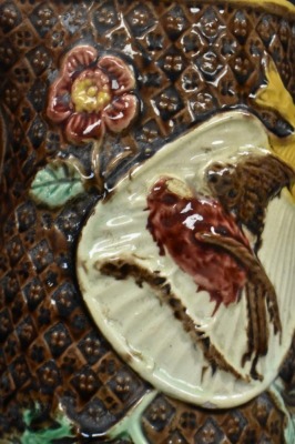 Majolica 8" pitcher w/ bird and floral decorations - 5
