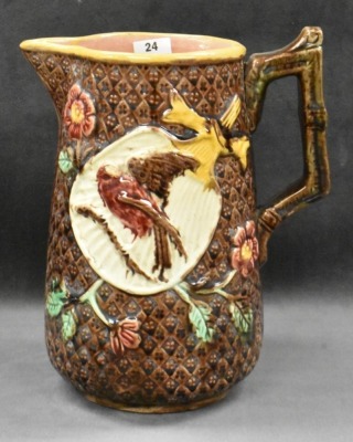 Majolica 8" pitcher w/ bird and floral decorations - 10