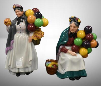 (2) Royal Doulton figurines: HN 1315 The Old Balloon Seller, 7.5"; HN 1843 Biddy Pennyfarthing, 8.5"