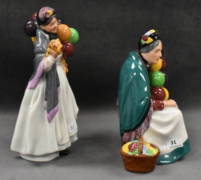 (2) Royal Doulton figurines: HN 1315 The Old Balloon Seller, 7.5"; HN 1843 Biddy Pennyfarthing, 8.5" - 2