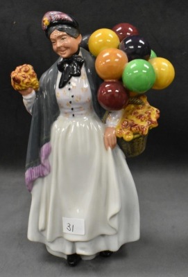 (2) Royal Doulton figurines: HN 1315 The Old Balloon Seller, 7.5"; HN 1843 Biddy Pennyfarthing, 8.5" - 6