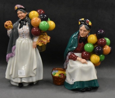(2) Royal Doulton figurines: HN 1315 The Old Balloon Seller, 7.5"; HN 1843 Biddy Pennyfarthing, 8.5" - 11