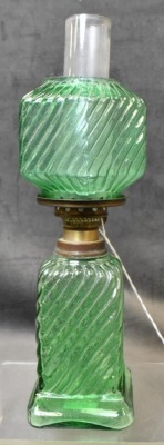 Green depression glass miniature oil lamp, swirl pattern - 2