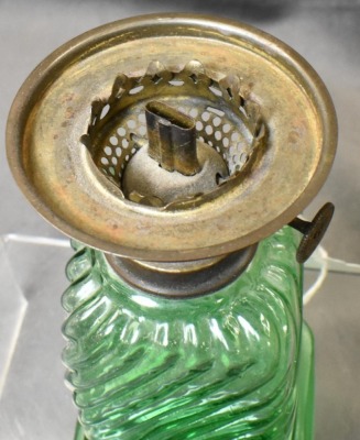 Green depression glass miniature oil lamp, swirl pattern - 3