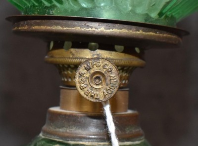 Green depression glass miniature oil lamp, swirl pattern - 7