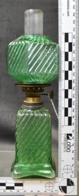 Green depression glass miniature oil lamp, swirl pattern - 8