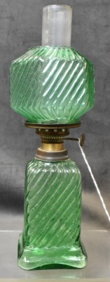 Green depression glass miniature oil lamp, swirl pattern - 9