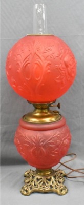 Red satin glass Raised Roses Gone with the Wind lamp - 10