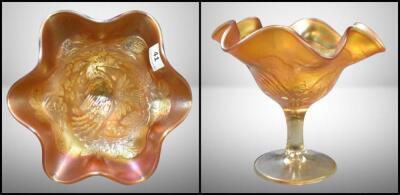 Carnival Glass Peacock and Urn (Northwood) 5"h compote, marigold