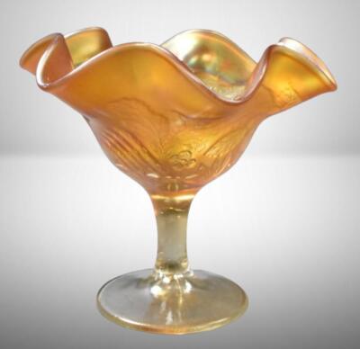 Carnival Glass Peacock and Urn (Northwood) 5"h compote, marigold - 2
