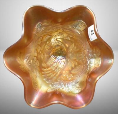 Carnival Glass Peacock and Urn (Northwood) 5"h compote, marigold - 3