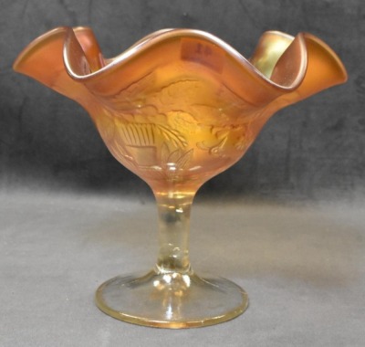 Carnival Glass Peacock and Urn (Northwood) 5"h compote, marigold - 4