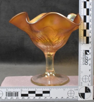 Carnival Glass Peacock and Urn (Northwood) 5"h compote, marigold - 5