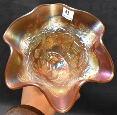 Carnival Glass Peacock and Urn (Northwood) 5"h compote, marigold - 6
