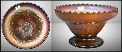 Carnival Glass Double Stem Rose (Dugan) 4.25"h dome ftd. bowl, amy.