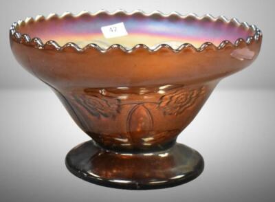 Carnival Glass Double Stem Rose (Dugan) 4.25"h dome ftd. bowl, amy. - 2