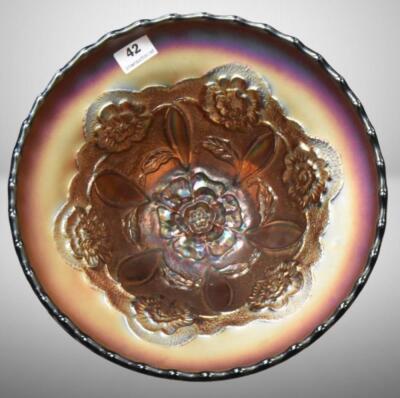Carnival Glass Double Stem Rose (Dugan) 4.25"h dome ftd. bowl, amy. - 3