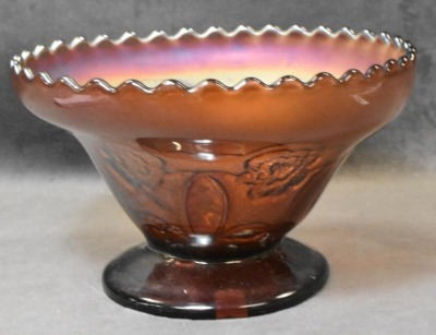 Carnival Glass Double Stem Rose (Dugan) 4.25"h dome ftd. bowl, amy. - 4