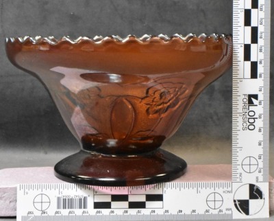 Carnival Glass Double Stem Rose (Dugan) 4.25"h dome ftd. bowl, amy. - 5