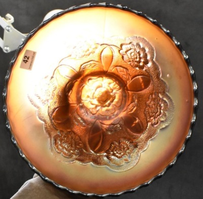 Carnival Glass Double Stem Rose (Dugan) 4.25"h dome ftd. bowl, amy. - 6