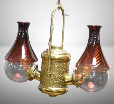 Angle Lamp Co. hanging 2-burner lamp w/ swirl Cranberry shades (electrified)