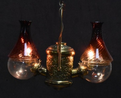 Angle Lamp Co. hanging 2-burner lamp w/ swirl Cranberry shades (electrified) - 2