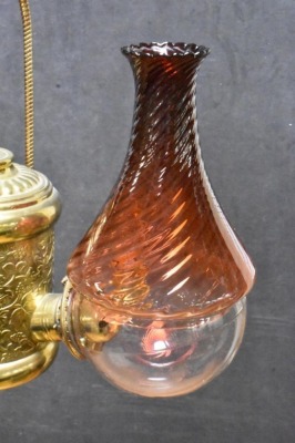 Angle Lamp Co. hanging 2-burner lamp w/ swirl Cranberry shades (electrified) - 7