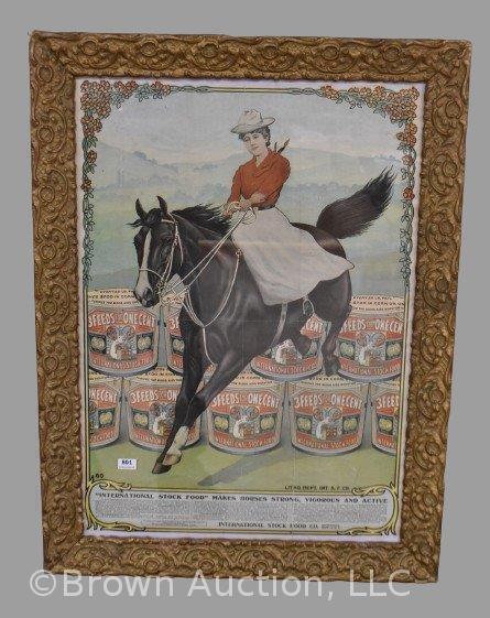 "International Stock Food" advertising poster, woman jumping horse