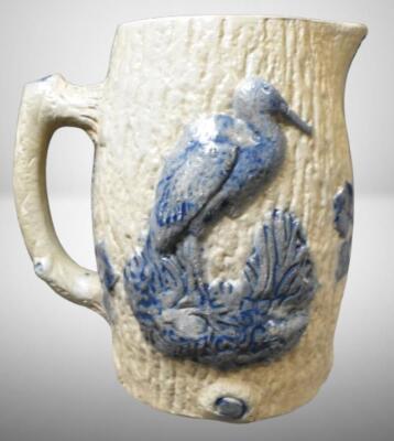 White's Utica blue Flenish stoneware 7.5"h pitcher w/ crane and rose decoration