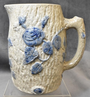 White's Utica blue Flenish stoneware 7.5"h pitcher w/ crane and rose decoration - 2