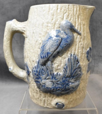 White's Utica blue Flenish stoneware 7.5"h pitcher w/ crane and rose decoration - 4