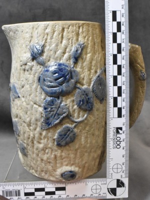 White's Utica blue Flenish stoneware 7.5"h pitcher w/ crane and rose decoration - 7