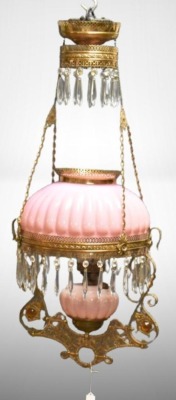 Bradley and Hubbard Victorian hanging parlor oil lamp, pink melon-shaped shade and font