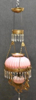 Bradley and Hubbard Victorian hanging parlor oil lamp, pink melon-shaped shade and font - 2