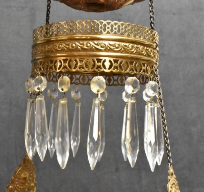 Bradley and Hubbard Victorian hanging parlor oil lamp, pink melon-shaped shade and font - 3