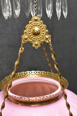 Bradley and Hubbard Victorian hanging parlor oil lamp, pink melon-shaped shade and font - 5