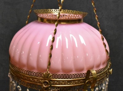 Bradley and Hubbard Victorian hanging parlor oil lamp, pink melon-shaped shade and font - 6