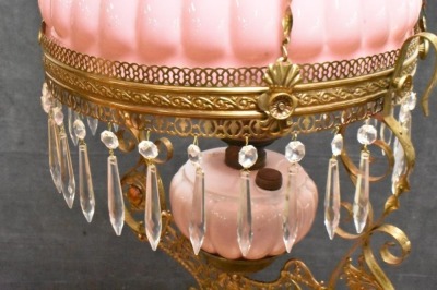Bradley and Hubbard Victorian hanging parlor oil lamp, pink melon-shaped shade and font - 7