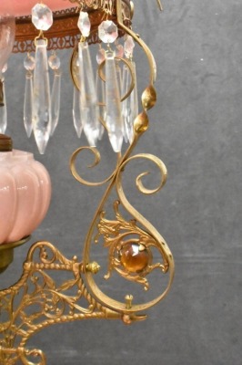 Bradley and Hubbard Victorian hanging parlor oil lamp, pink melon-shaped shade and font - 8