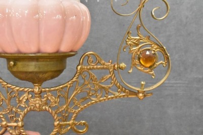 Bradley and Hubbard Victorian hanging parlor oil lamp, pink melon-shaped shade and font - 9