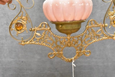 Bradley and Hubbard Victorian hanging parlor oil lamp, pink melon-shaped shade and font - 10