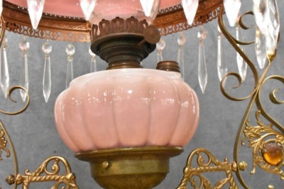 Bradley and Hubbard Victorian hanging parlor oil lamp, pink melon-shaped shade and font - 11