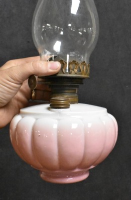 Bradley and Hubbard Victorian hanging parlor oil lamp, pink melon-shaped shade and font - 12