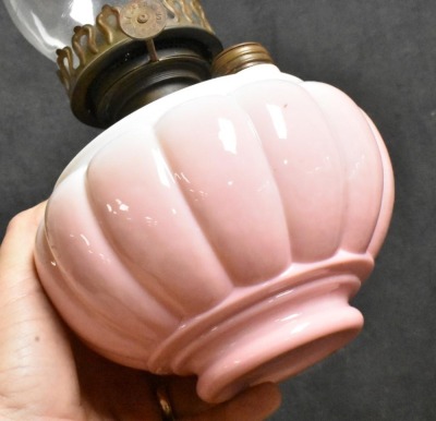 Bradley and Hubbard Victorian hanging parlor oil lamp, pink melon-shaped shade and font - 15